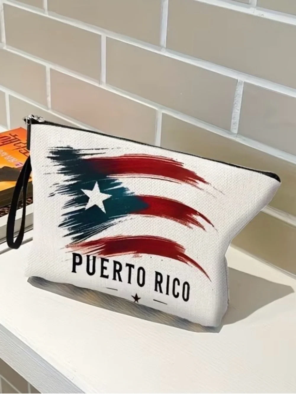 Puerto Rico Canvas Cosmetic Bag - White with Red & Blue Flag Design